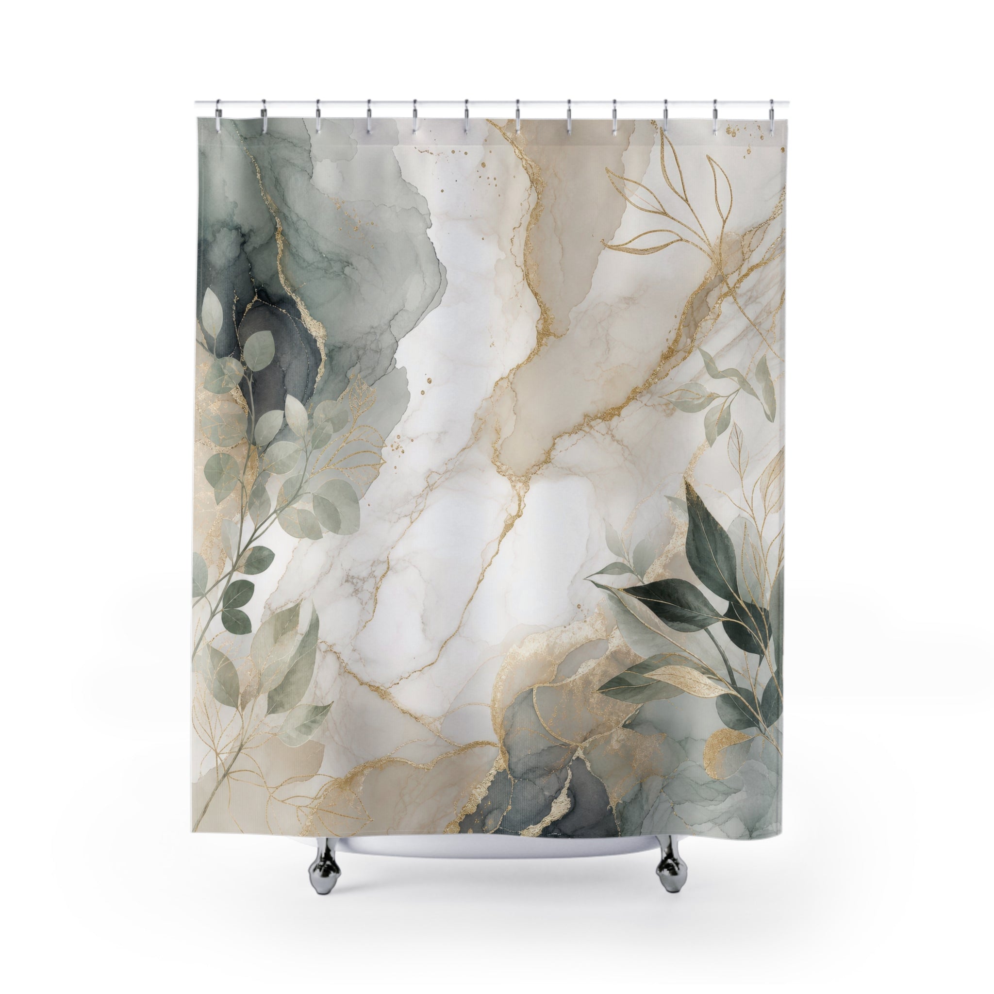 White Marble Shower Curtain: Grey Green Gold Abstract Floral