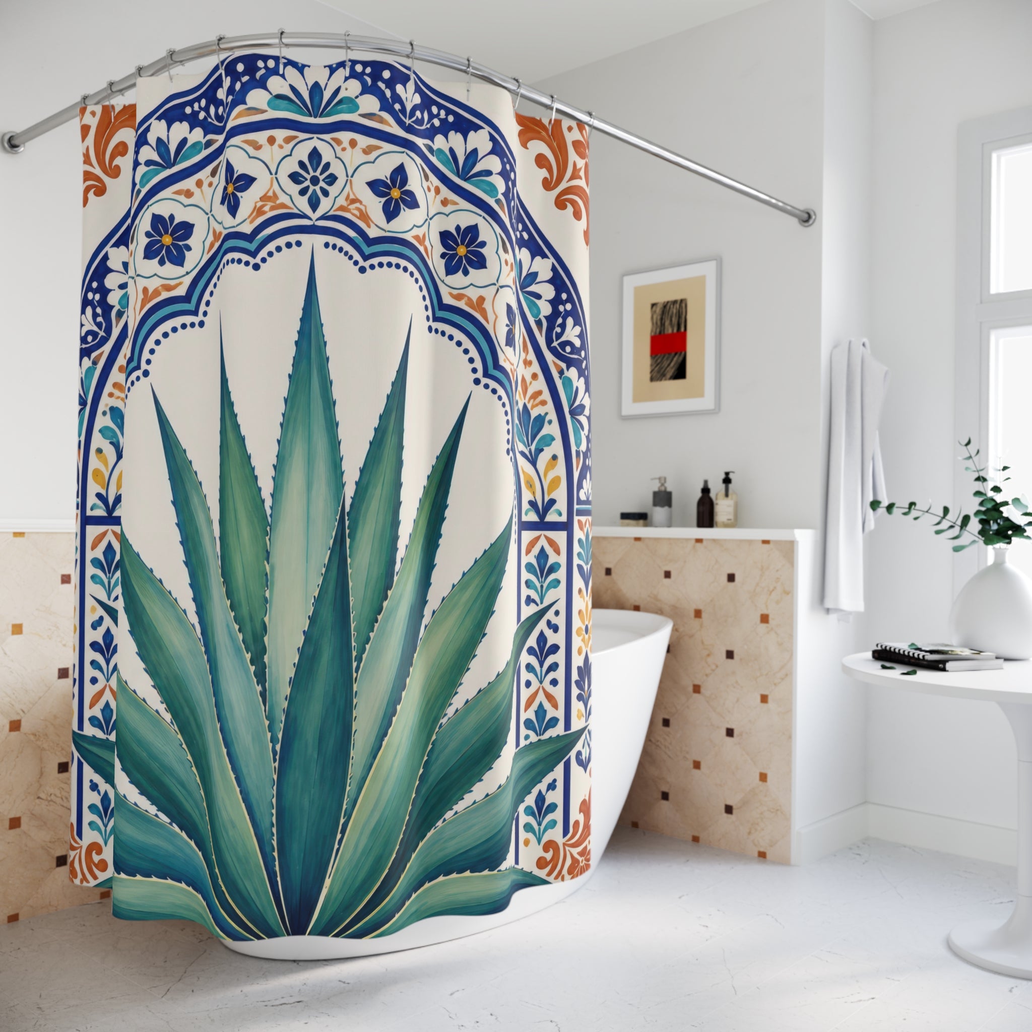 Green agave in a cobalt ornamental arch shower curtain beside a freestanding tub