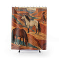 Cream and chestnut horses among terracotta canyon ledges shower curtain with full front view