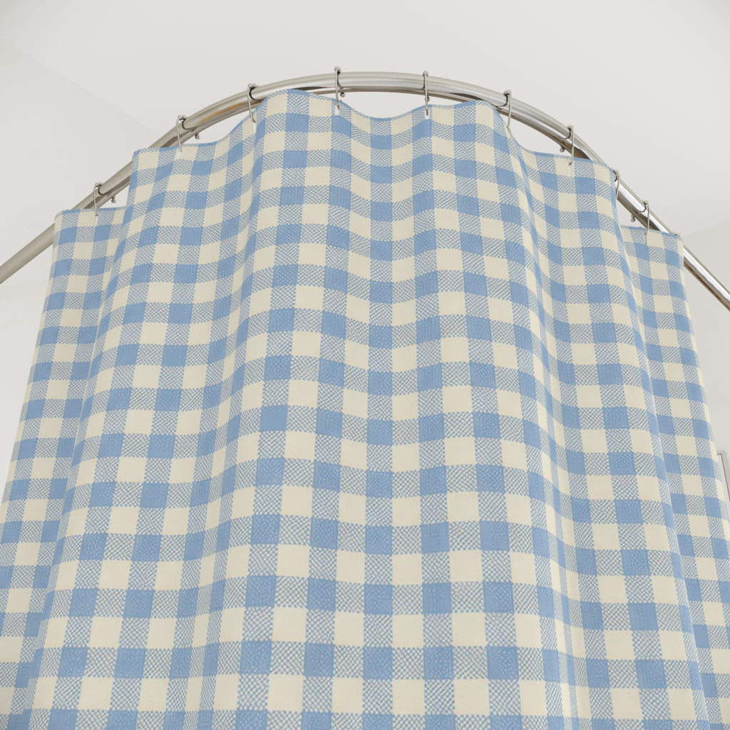 Gingham Shower Curtain, Blue Checkered Bath Decor, Small Blue White Check Pattern, Classic Farmhouse Guest Bathroom Decor, Blue Style
