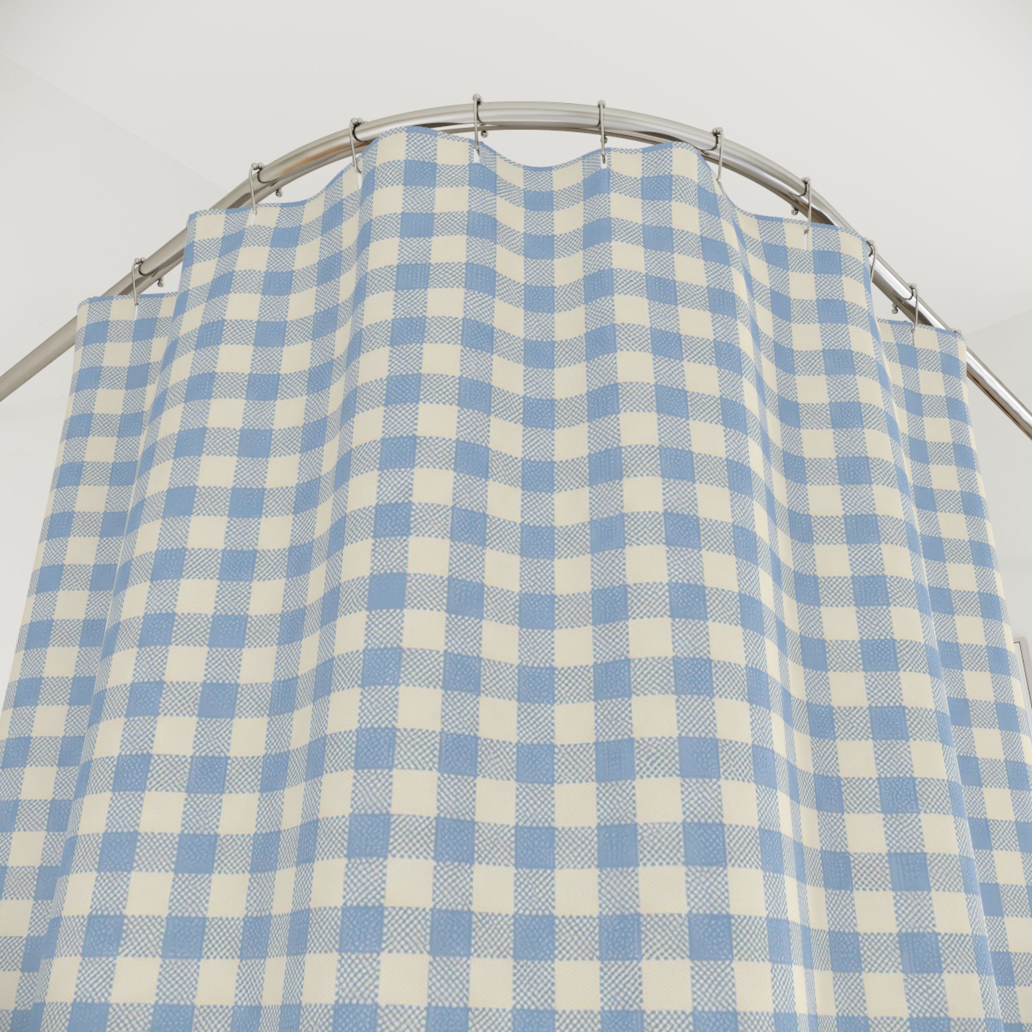Gingham Shower Curtain, Blue Checkered Bath Decor, Small Blue White Check Pattern, Classic Farmhouse Guest Bathroom Decor, Blue Style