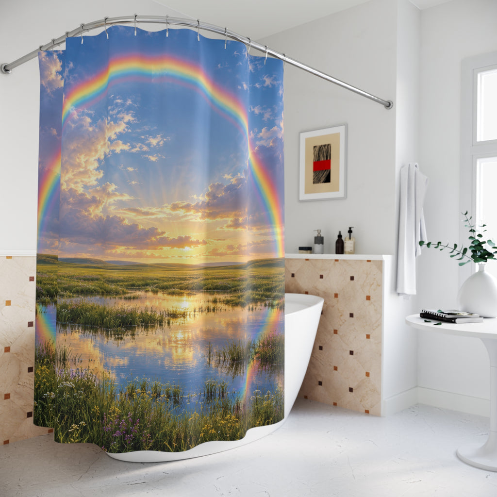 Rainbow over a green meadow and reflective water shower curtain beside a freestanding tub