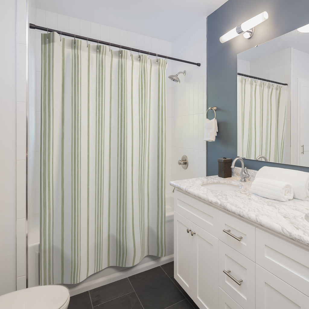 Sage Ticking Stripe Shower Curtain