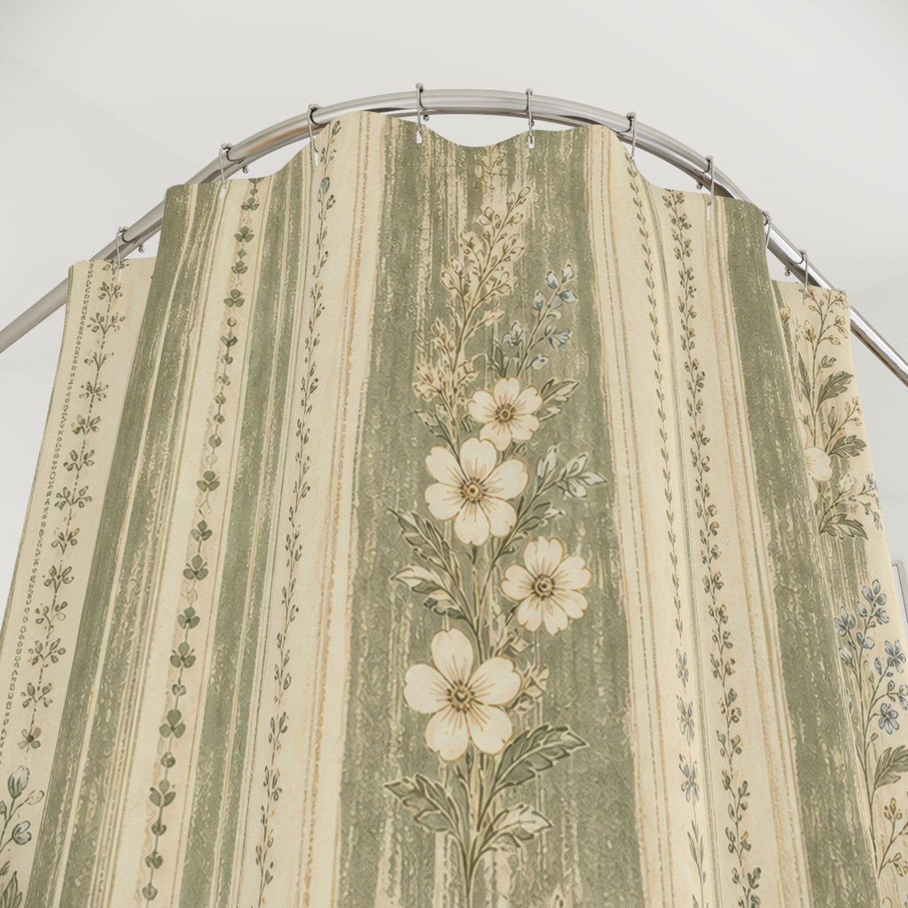 Sage Farmhouse Floral Stripe Green Shower Curtain