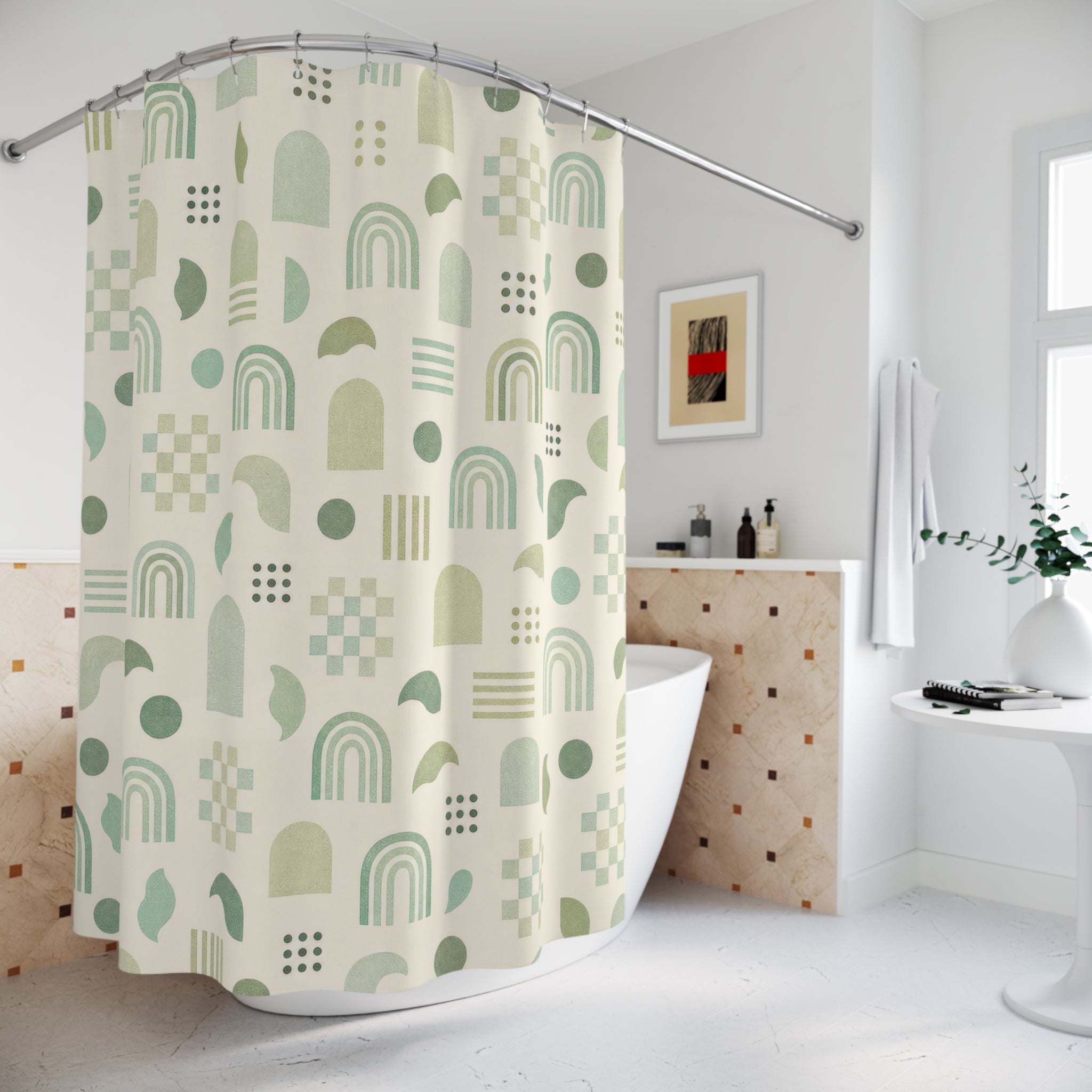 Green White Abstract Shower Curtain