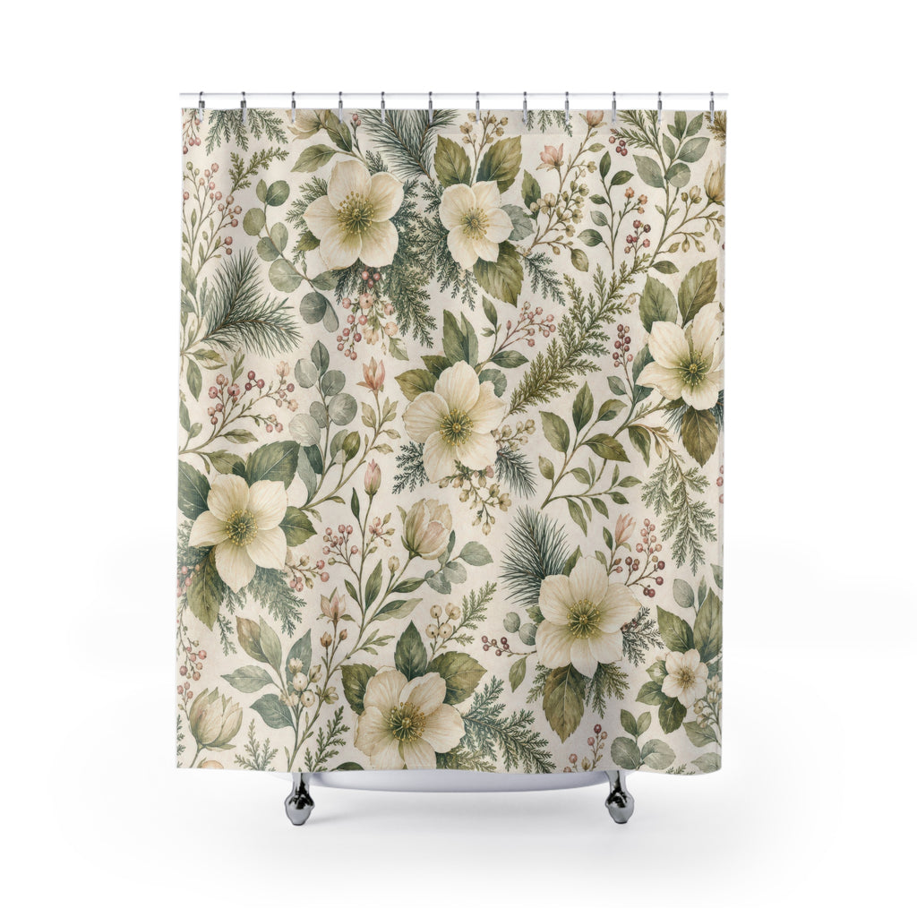 White Botanical Green Floral Shower Curtain