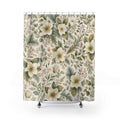 White Botanical Green Floral Shower Curtain