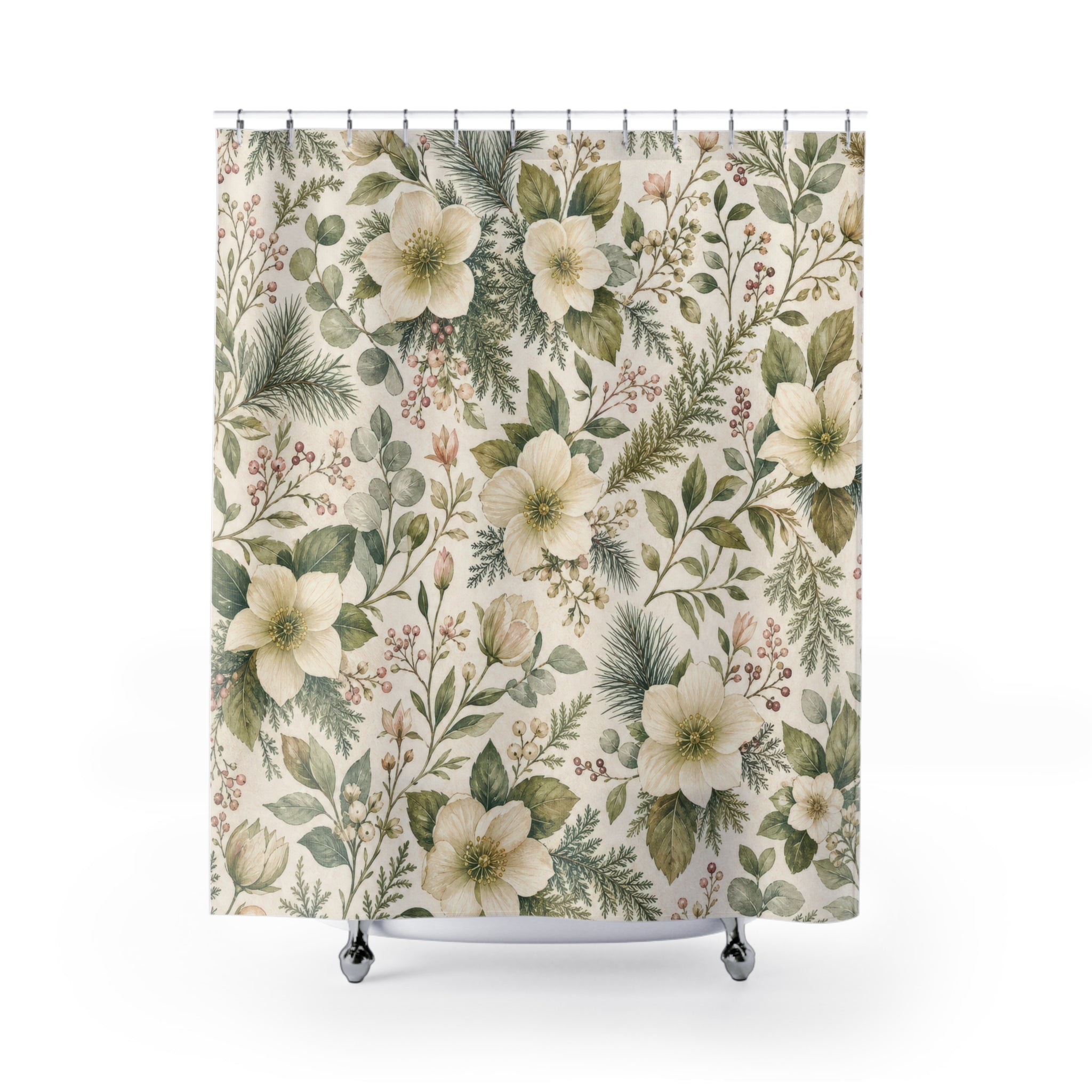White Botanical Green Floral Shower Curtain