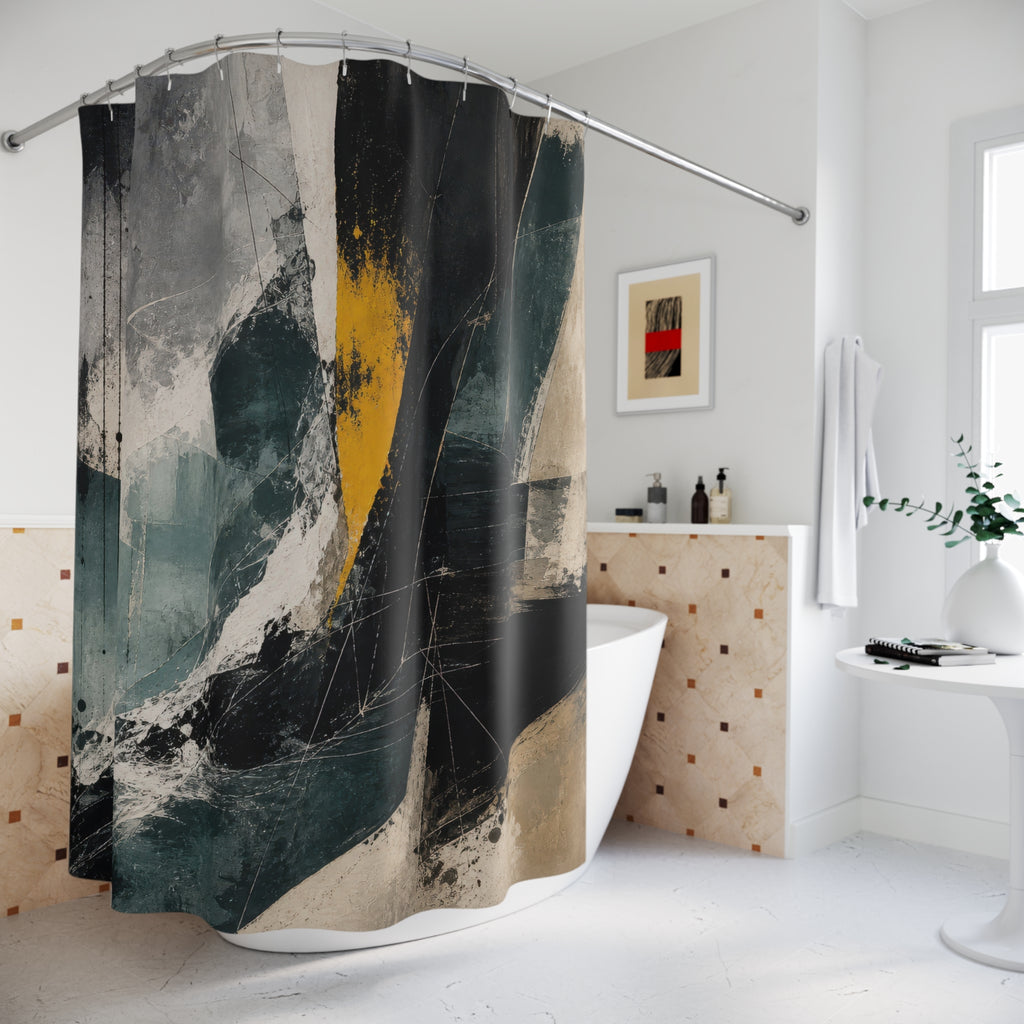 Abstract Shower Curtain, Teal Black White Brushstroke Art, Modern Bathroom Decor, Angular Minimalist Bath, Gold Accent Design, Dark Decor