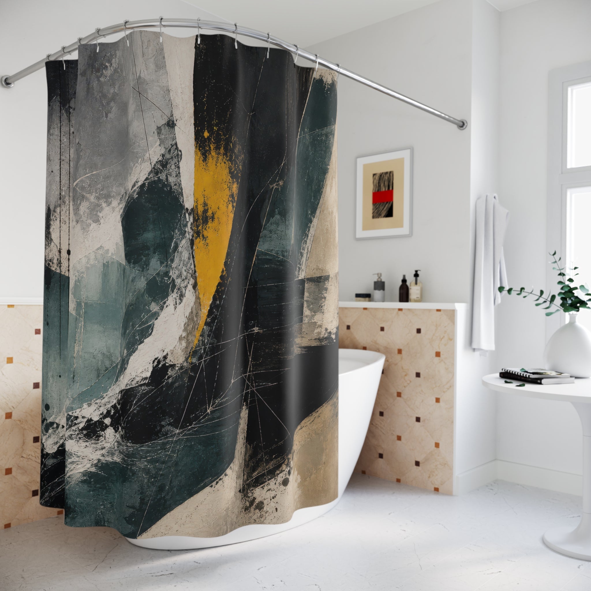 Abstract Shower Curtain, Teal Black White Brushstroke Art, Modern Bathroom Decor, Angular Minimalist Bath, Gold Accent Design, Dark Decor