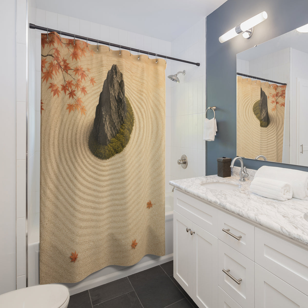 Charcoal stone and moss crescent in raked ivory gravel shower curtain beside a white vanity