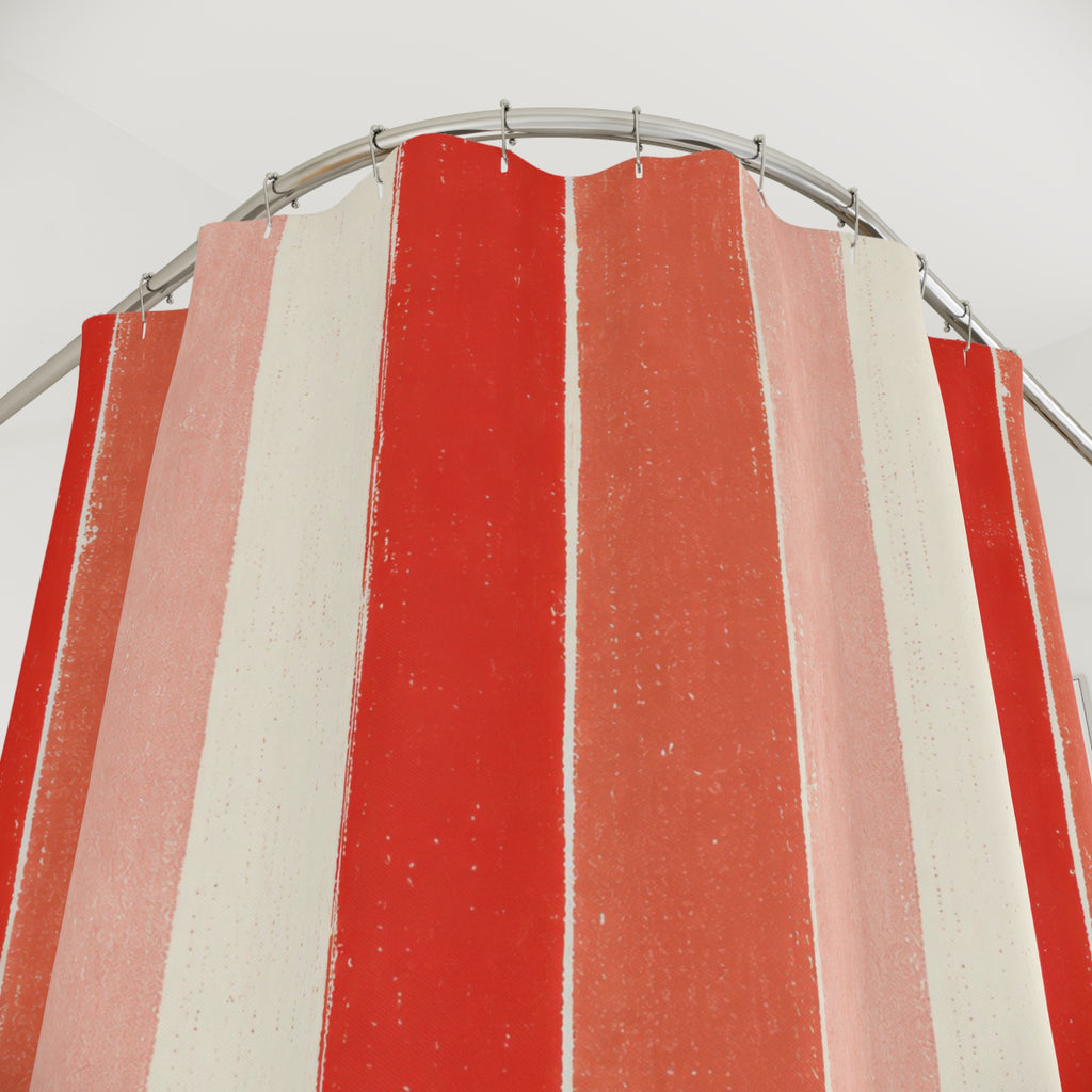 Tomato Red Block Print Shower Curtain, Tomato Red Modern Bathroom Decor, Modern Stripe Bath Curtain, Guest Bath Decor, Small Bathroom Decor