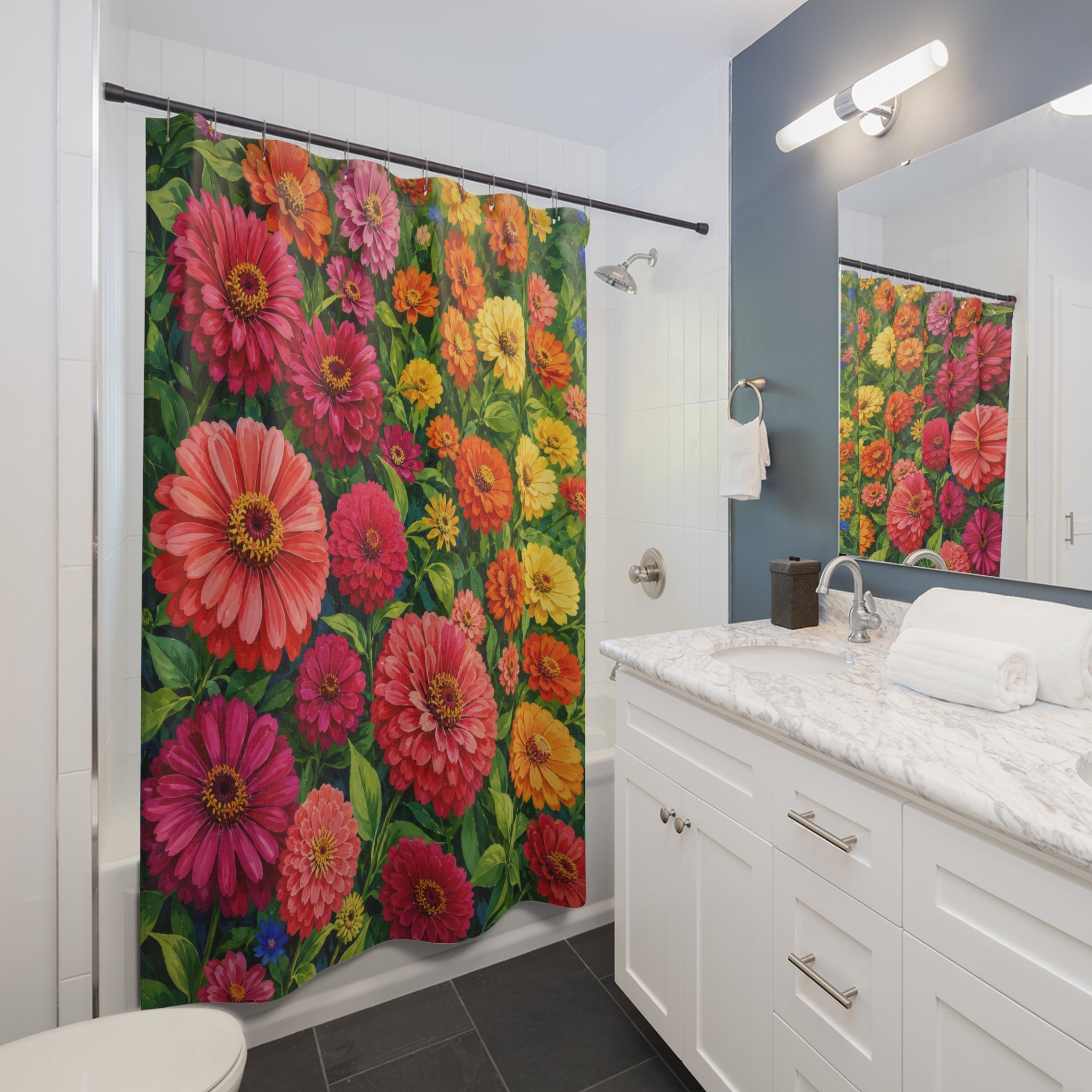 Colorful summer zinnia garden shower curtain beside a white vanity