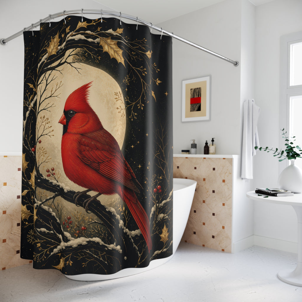 Red cardinal in black and gold moon arch shower curtain beside a freestanding tub