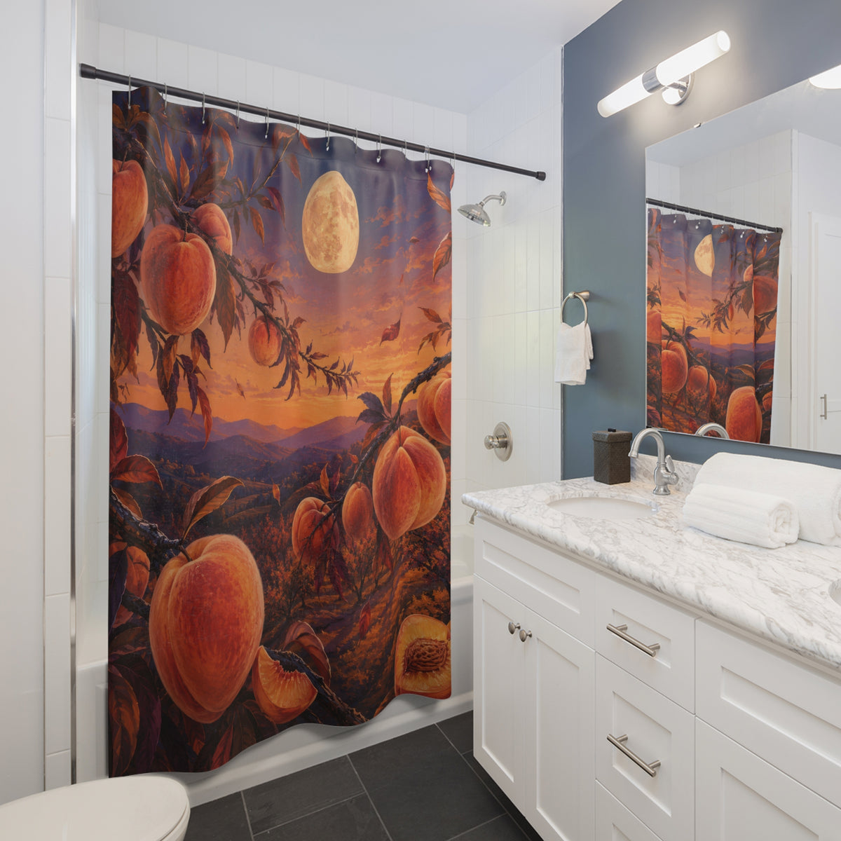 Peaches above an autumn orchard at sunset shower curtain beside a white vanity