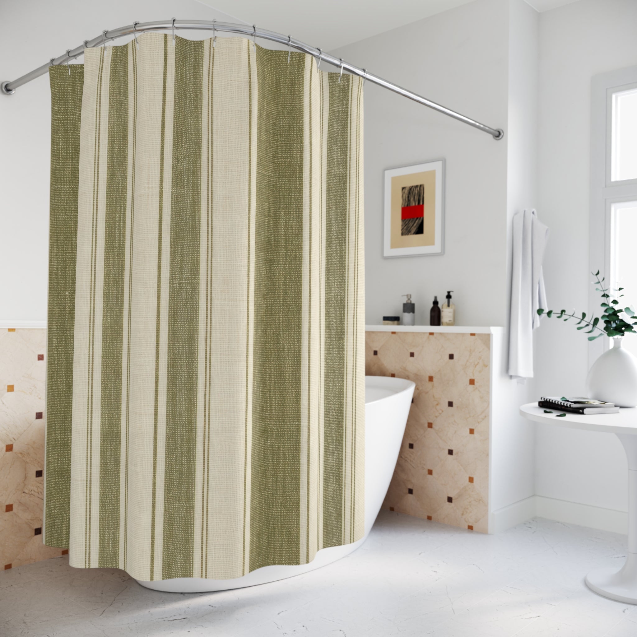 Green Stripe Shower Curtain, French Country Bath Decor, Olive Cream Vertical Stripe Pattern, Classic Guest Bathroom Decor, Olive Green Style