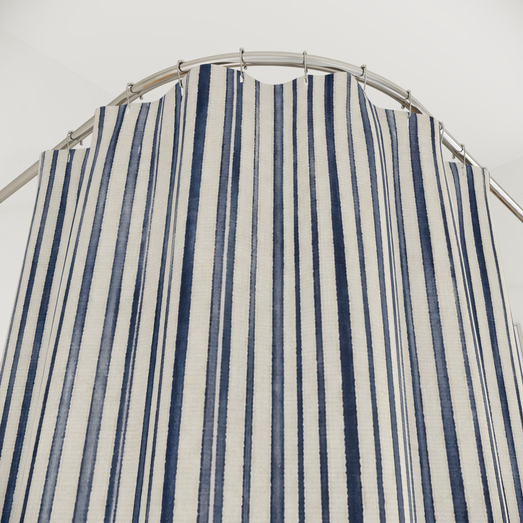 Navy Blue White Pinstripe Shower Curtain