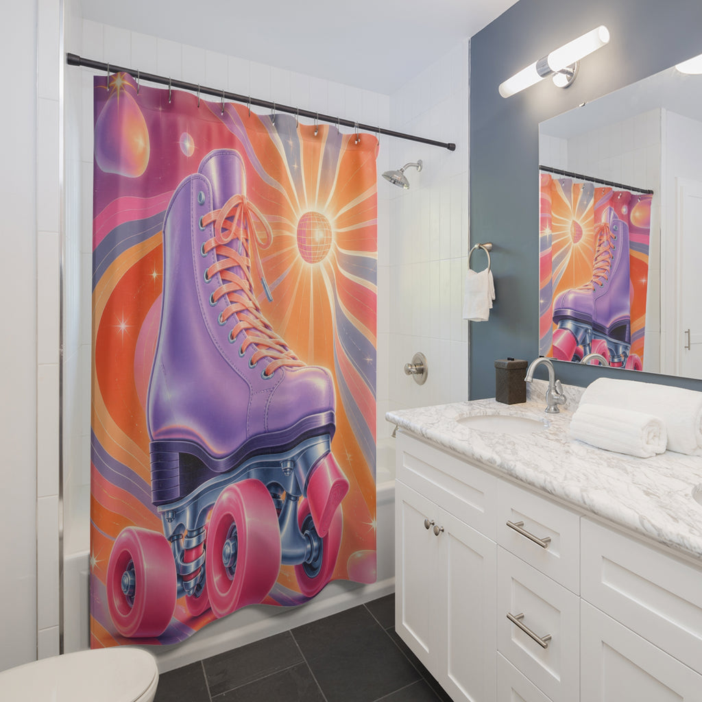 Glossy retro roller skate over a pastel disco starburst shower curtain beside a white vanity