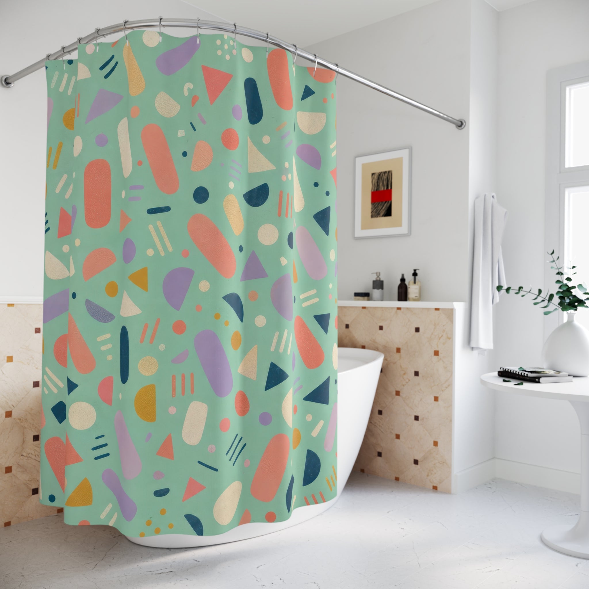 Mint Confetti Memphis Retro Shower Curtain