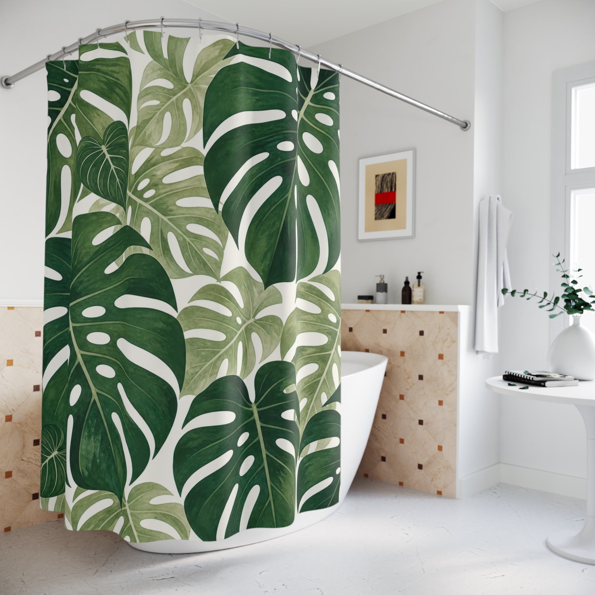 Dark Green White Monstera Leaf Shower Curtain