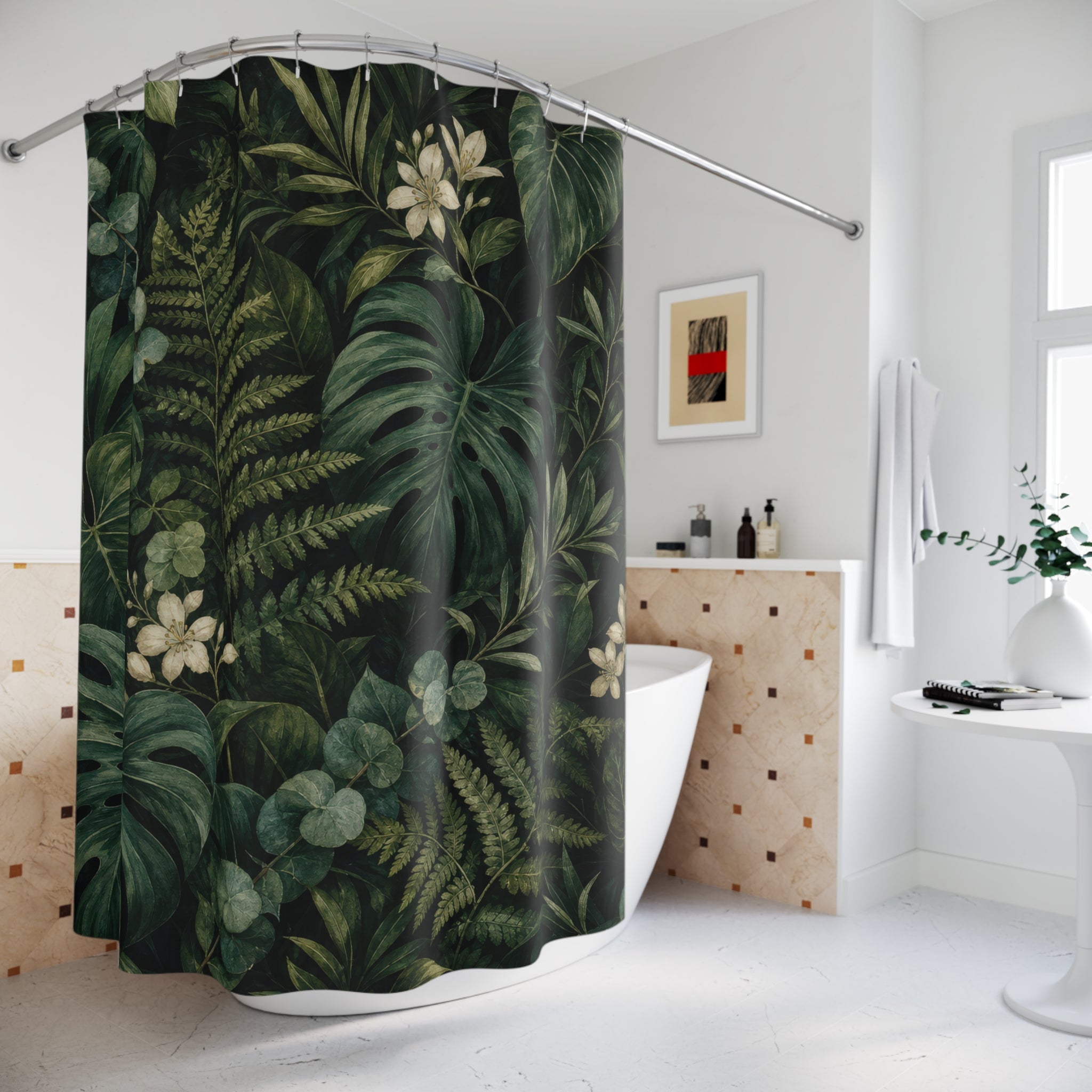Dark Green Shower Curtain: Tropical Botanical Leaf Pattern