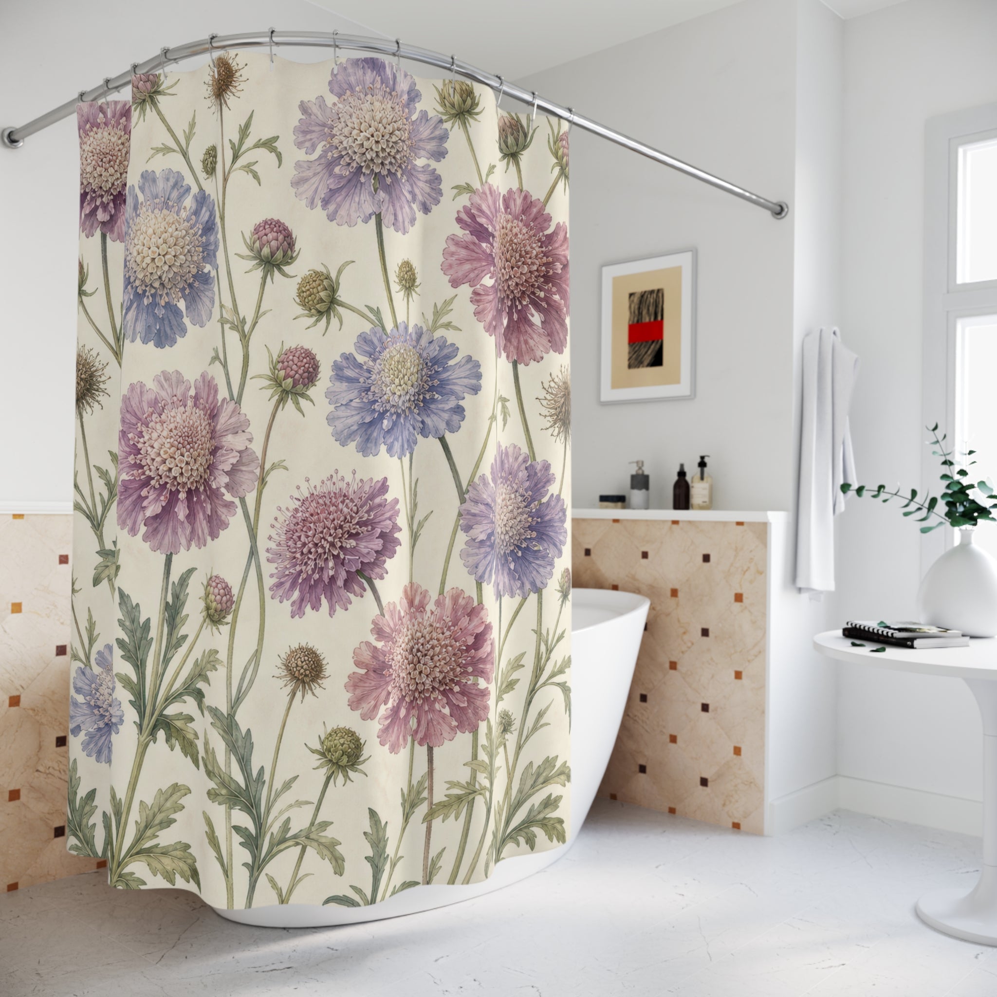 Lavender Purple Blue Pincushion Flower Shower Curtain