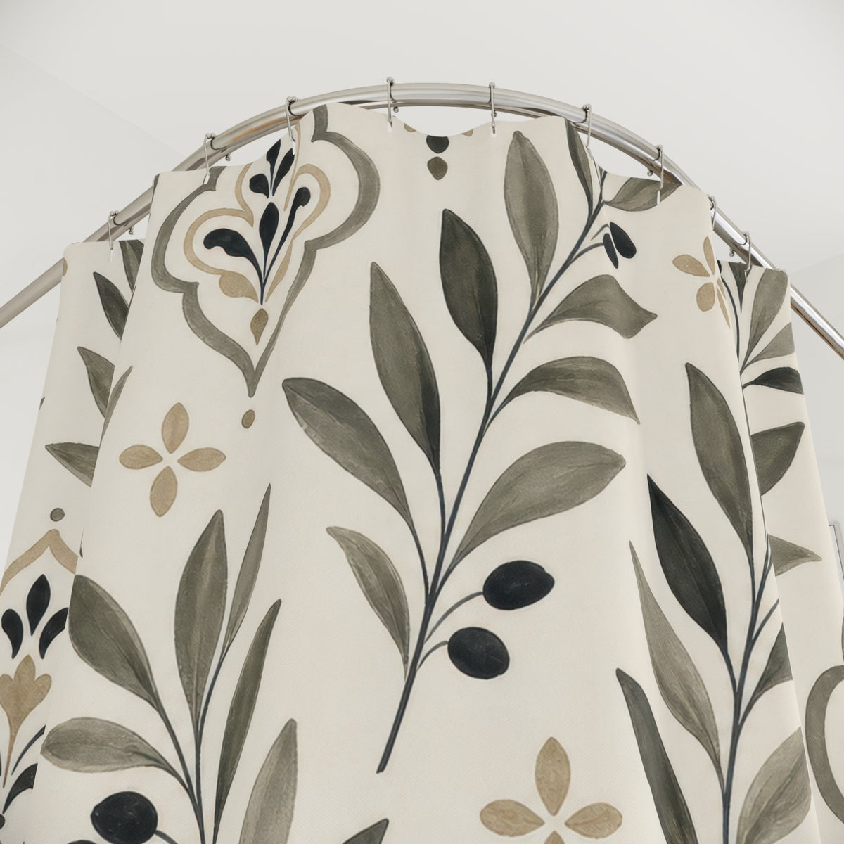 Sage Black Beige Damask Leaf shower curtain with close-up print, hooks, and folds