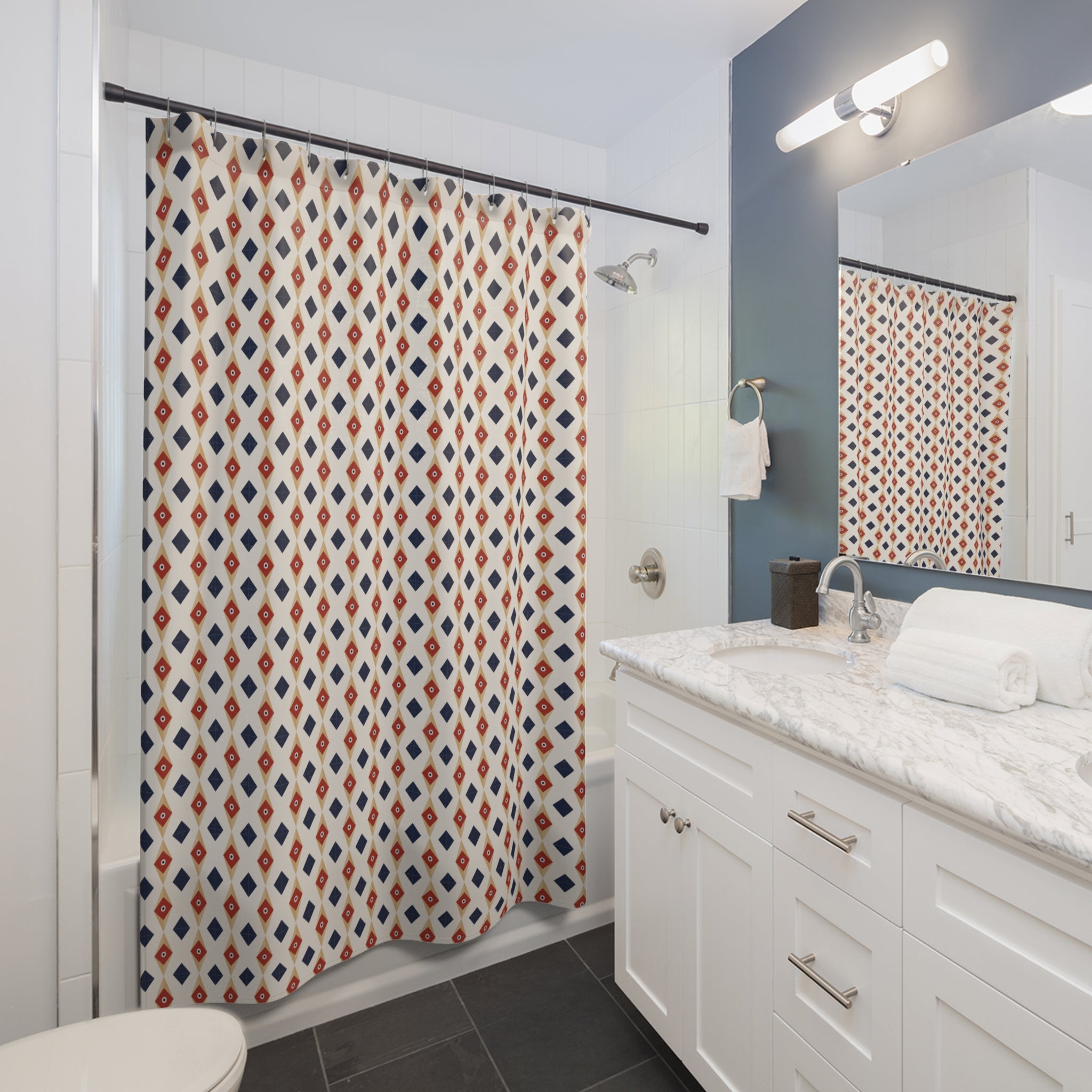 Barn Star Quilt Shower Curtain – Red, Navy & Gold