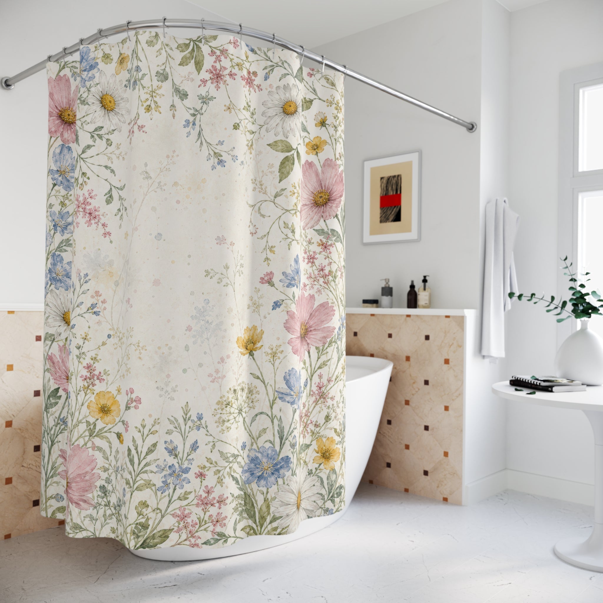 Pink Blue Wildflower Border Shower Curtain