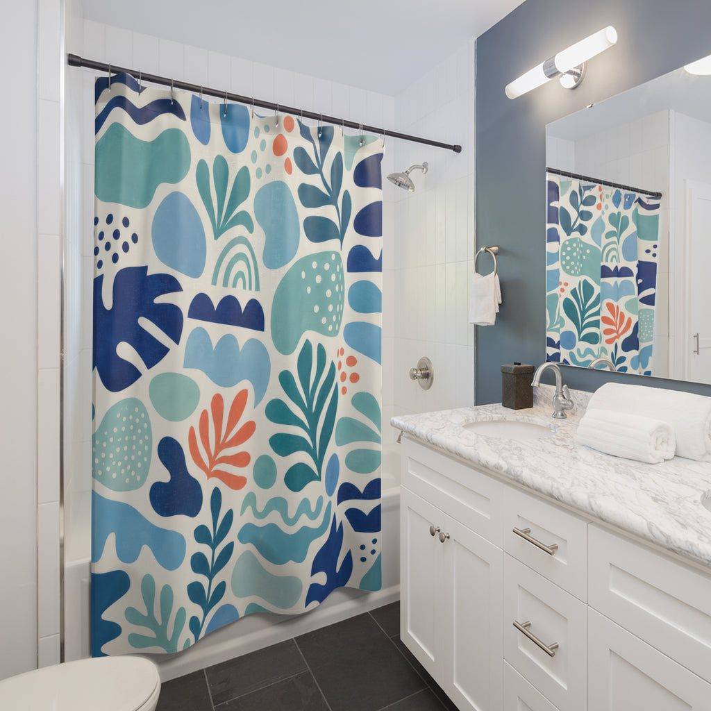 Aqua Navy Leaf Shower Curtain