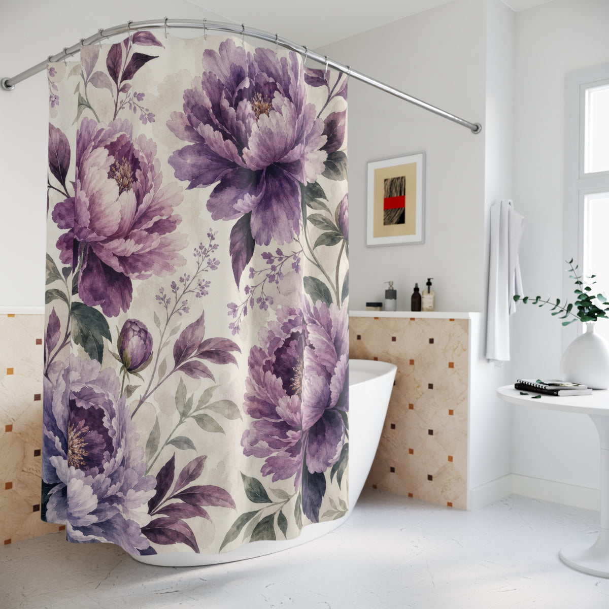 Dark Plum Flower purple floral shower curtain beside a freestanding tub