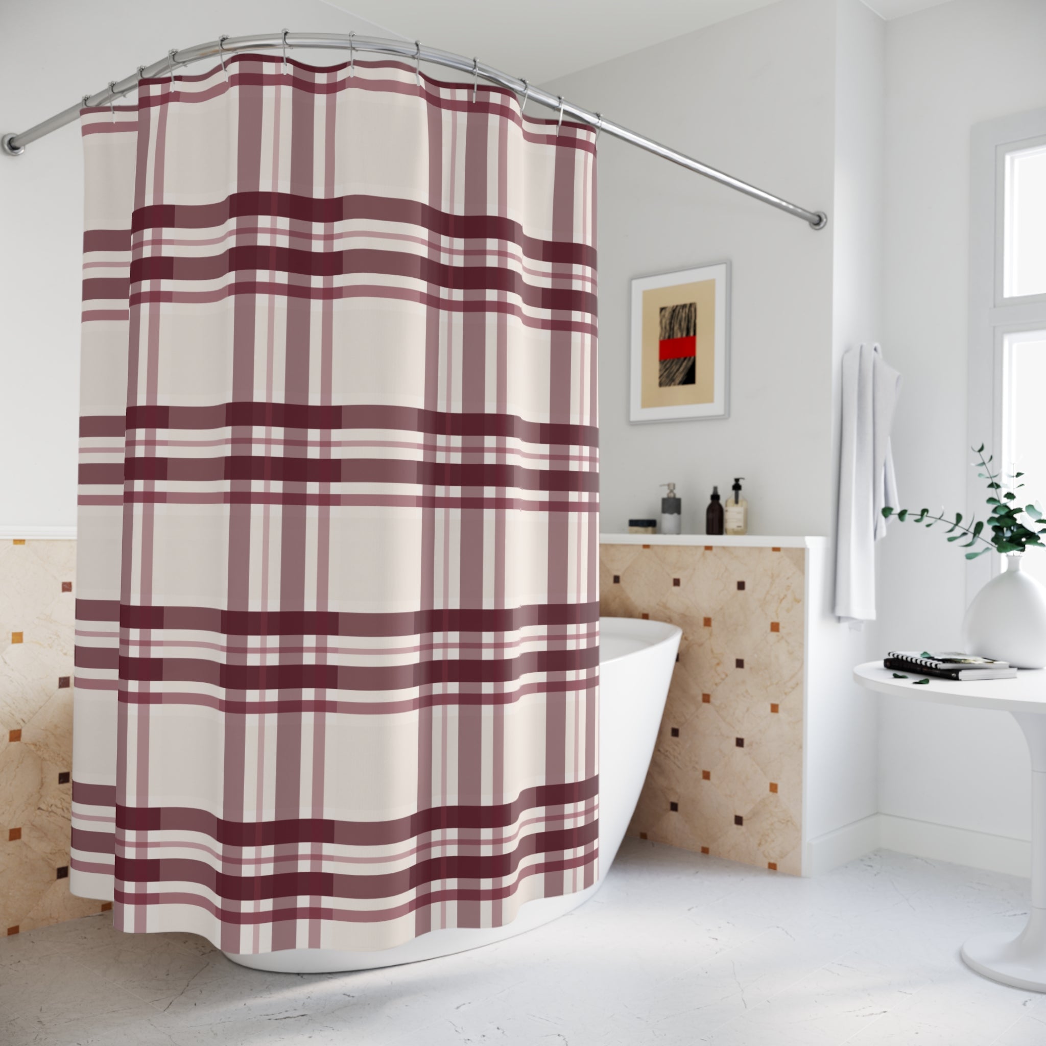 Burgundy and Cream Tartan Plaid Shower Curtain