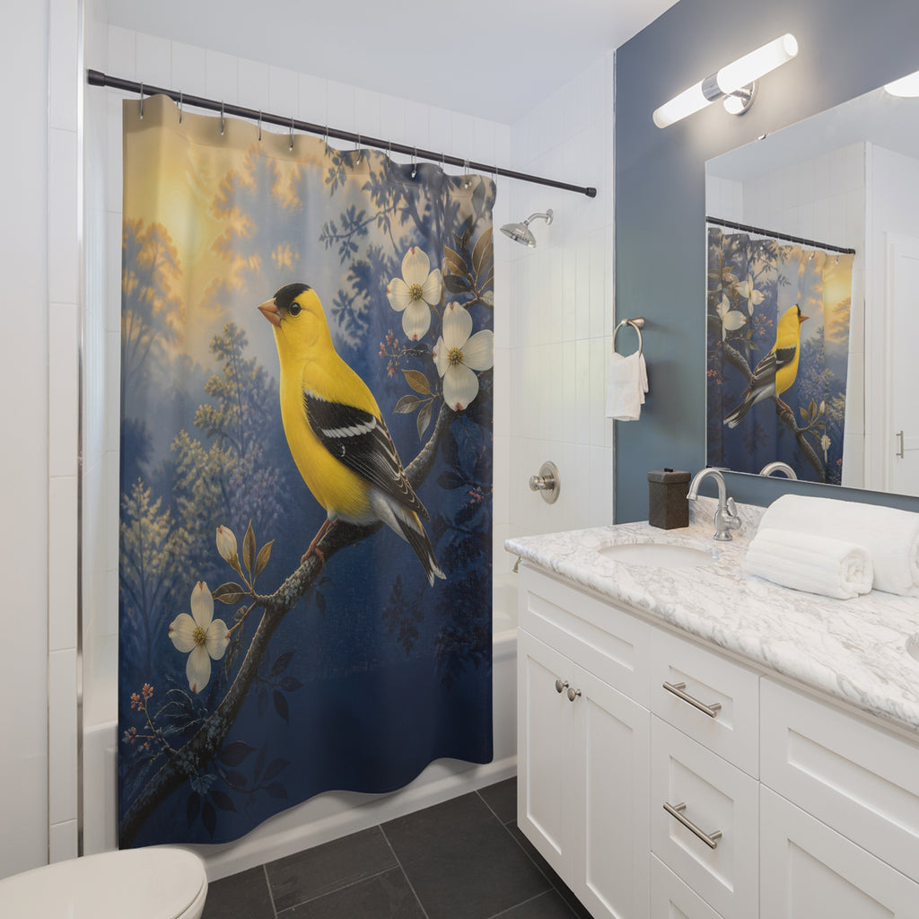 Golden yellow songbird on an indigo branch shower curtain beside a white vanity