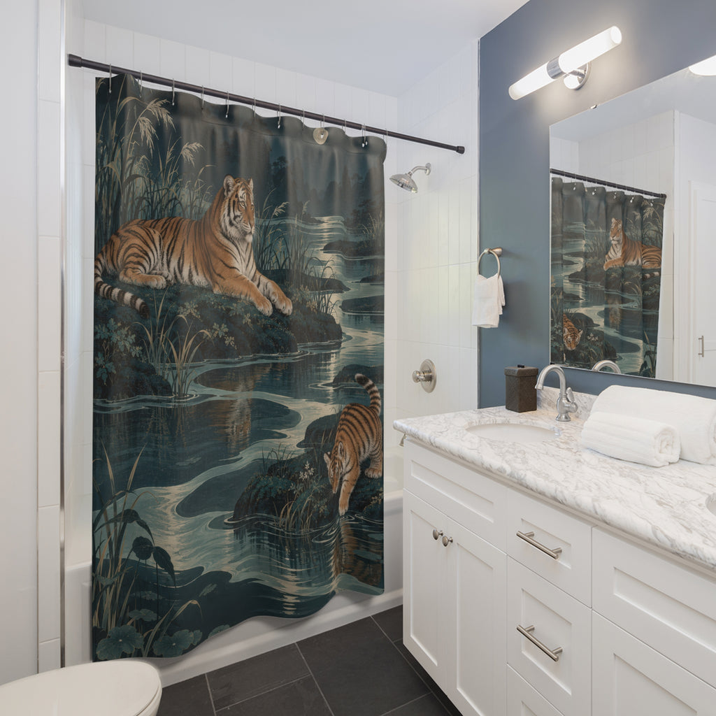 Copper tiger and cub beside silver water in a teal marsh shower curtain beside a white vanity