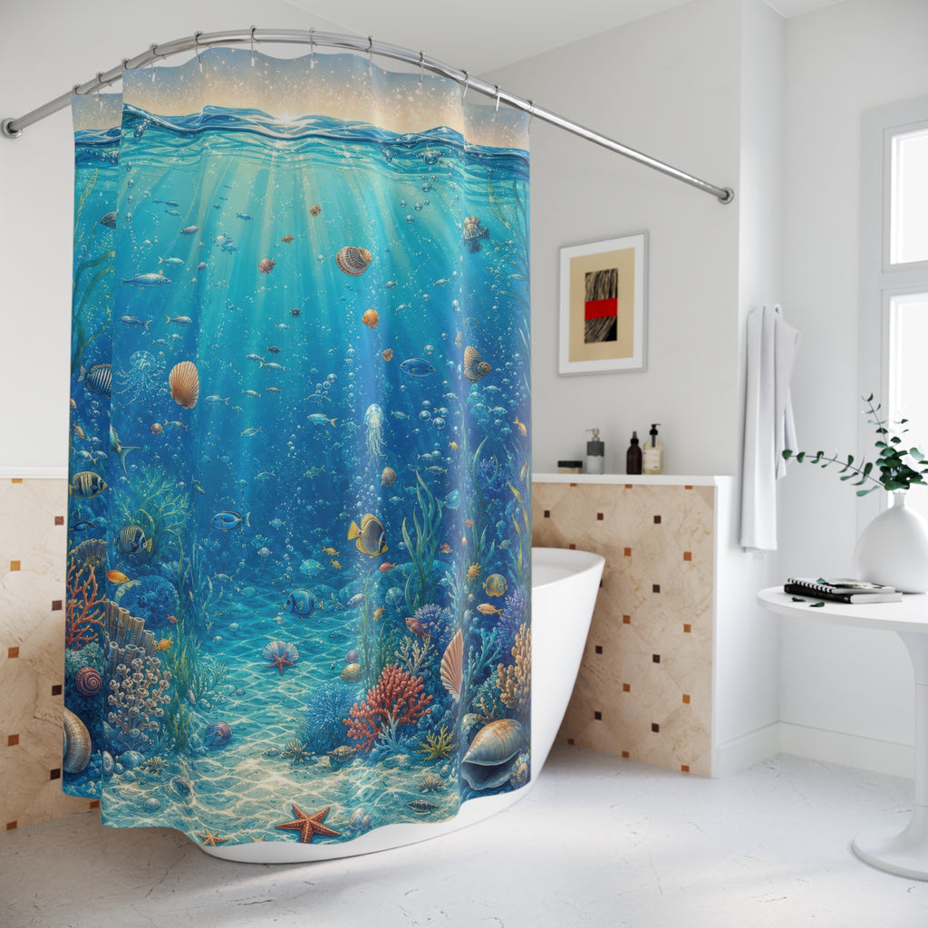 Unique Ocean Shower Curtain, Underwater Coral Reef Art, Turquoise Blue Coastal Bathroom Decor, Beach House Wall Guest Bath Gift For Home