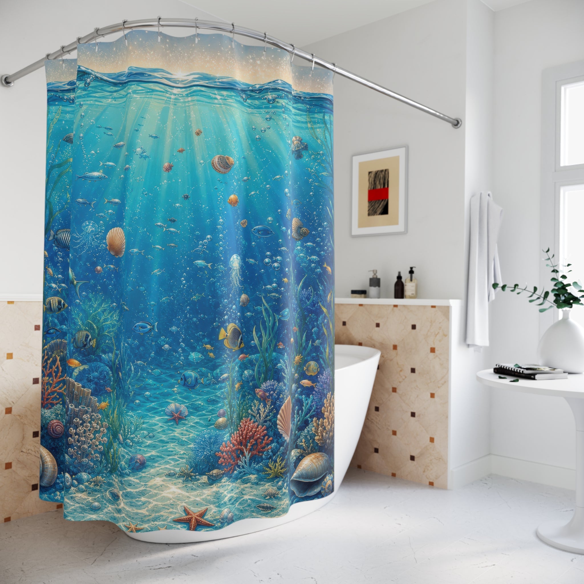 Unique Ocean Shower Curtain, Underwater Coral Reef Art, Turquoise Blue Coastal Bathroom Decor, Beach House Wall Guest Bath Gift For Home