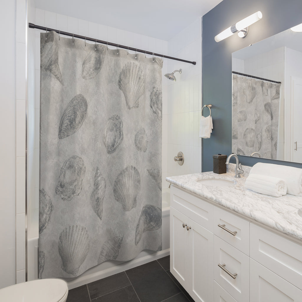 Shell Shower Curtain, Gray Coastal Bath Decor, Sketched Seashell Pattern, Neutral Guest Bathroom Decor, Soft Beach Coastal Spa Style