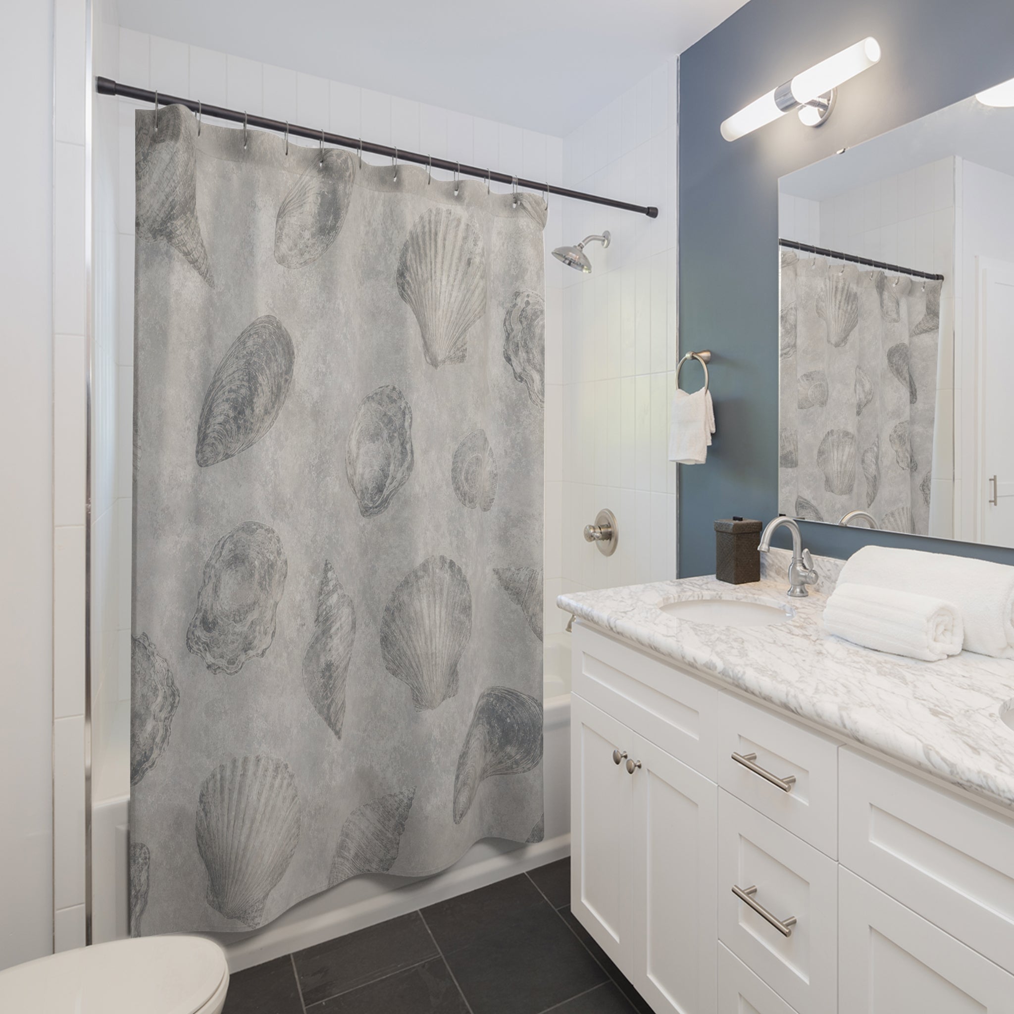 Shell Shower Curtain, Gray Coastal Bath Decor, Sketched Seashell Pattern, Neutral Guest Bathroom Decor, Soft Beach Coastal Spa Style