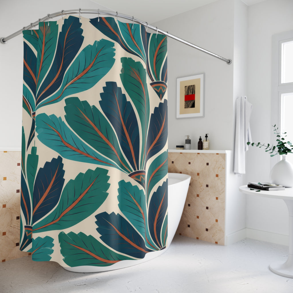 Jade and turquoise feather fans on ivory shower curtain beside a freestanding tub