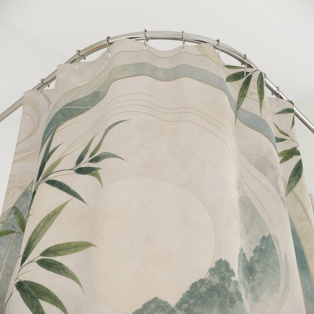 Feng Shui Shower Curtain, Jade Green Water Stone Bath Decor, Bamboo Leaf Circle Pattern, Zen Nature Inspired Guest Bathroom Spa Decor
