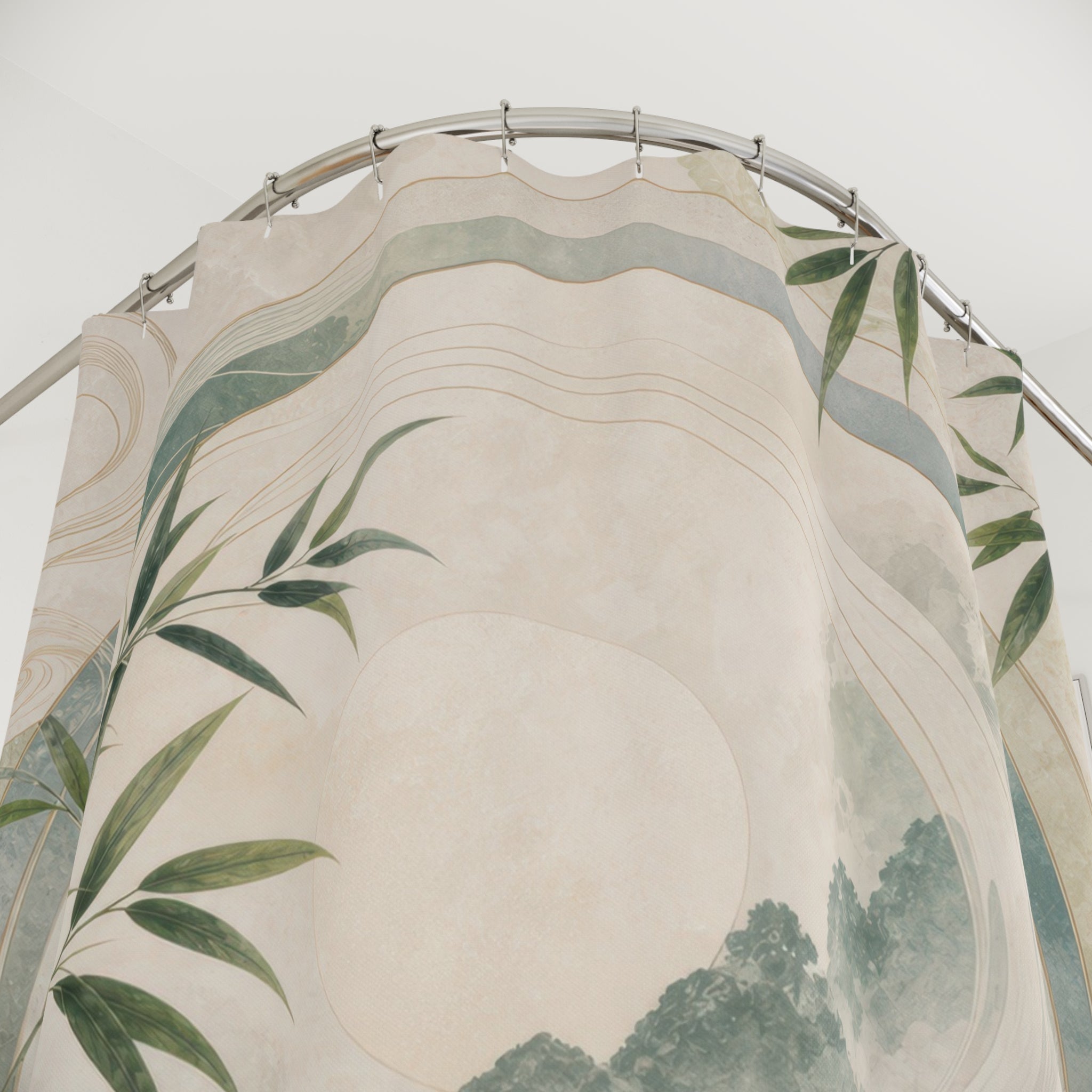Feng Shui Shower Curtain, Jade Green Water Stone Bath Decor, Bamboo Leaf Circle Pattern, Zen Nature Inspired Guest Bathroom Spa Decor