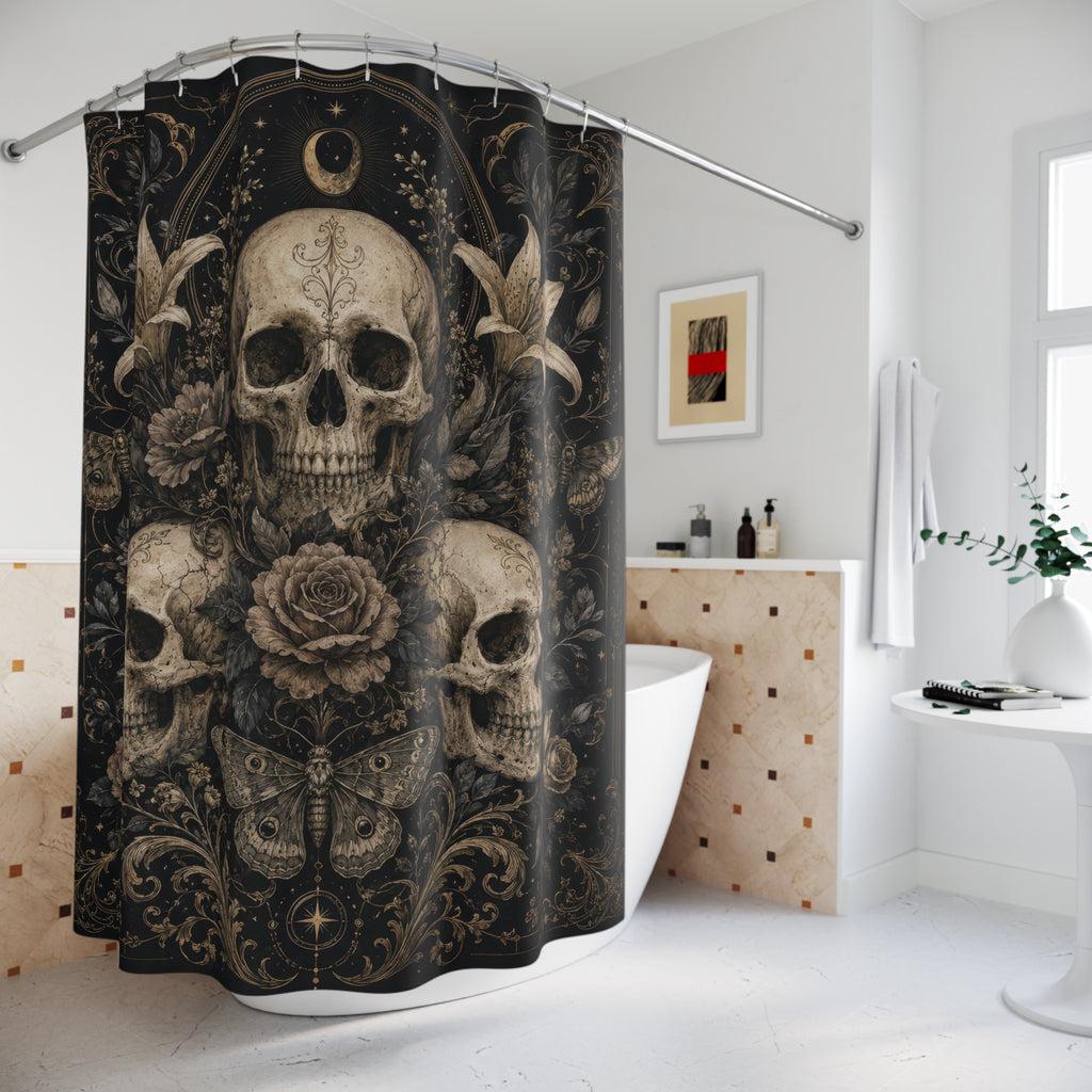 Gothic Skull Shower Curtain: Black Gold Floral Moon Moth