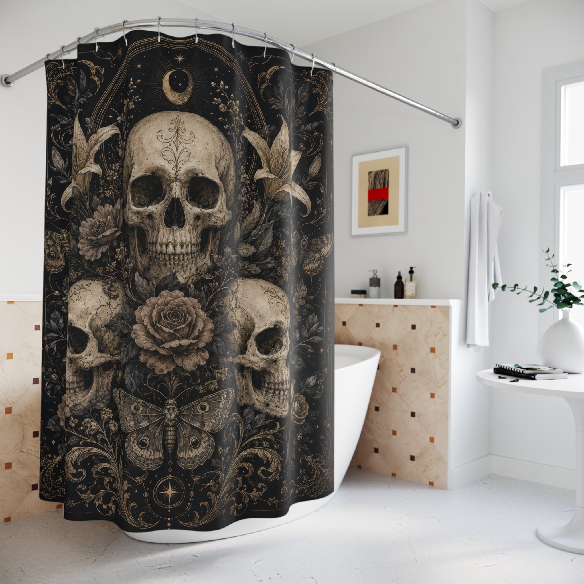 Gothic Skull Shower Curtain: Black Gold Floral Moon Moth