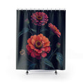 Midnight zinnias on deep indigo shower curtain with full front view