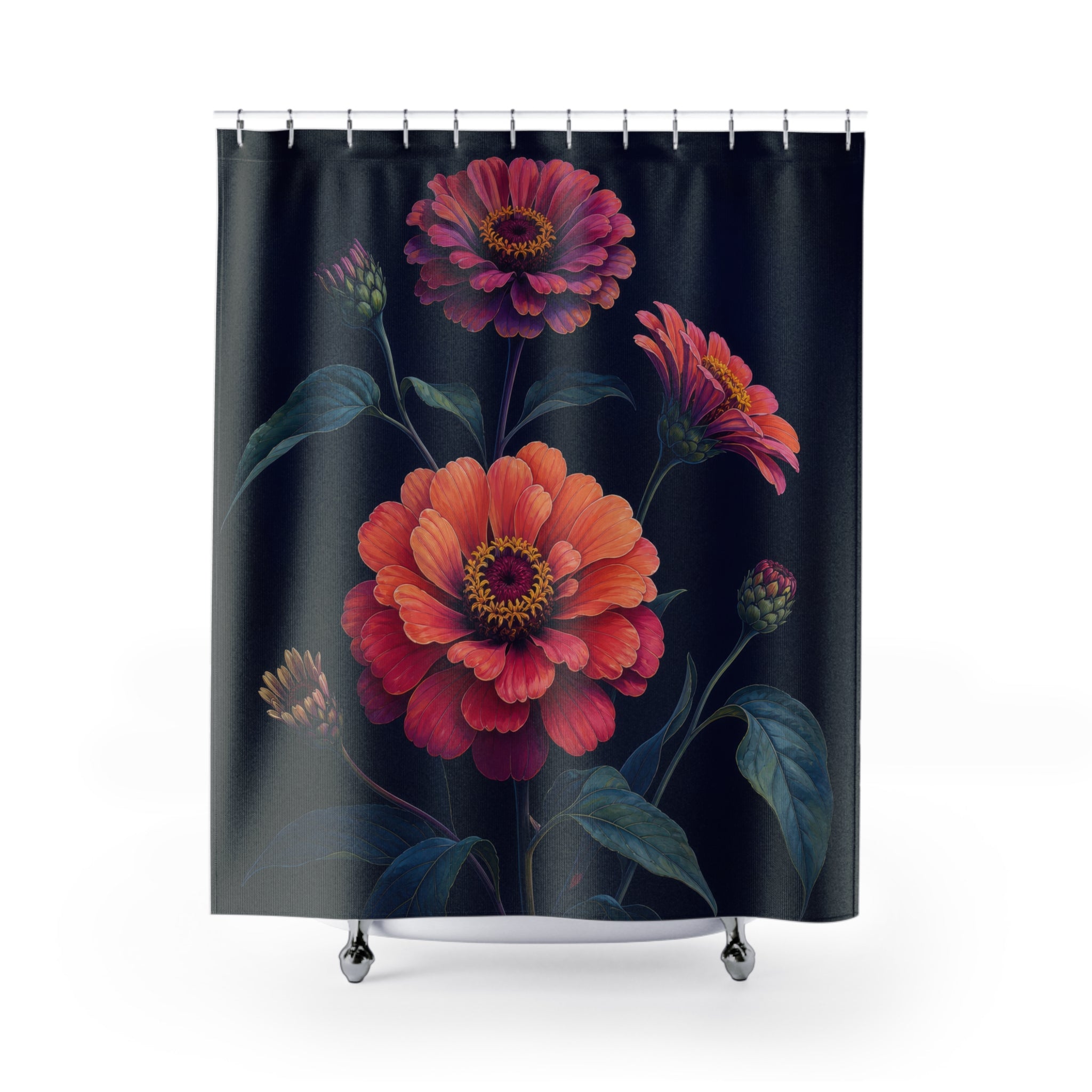 Midnight zinnias on deep indigo shower curtain with full front view