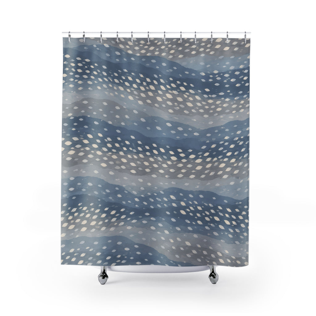 Ivory fawn spots across wavy dusty blue and grey bands shower curtain with full front view