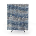 Ivory fawn spots across wavy dusty blue and grey bands shower curtain with full front view