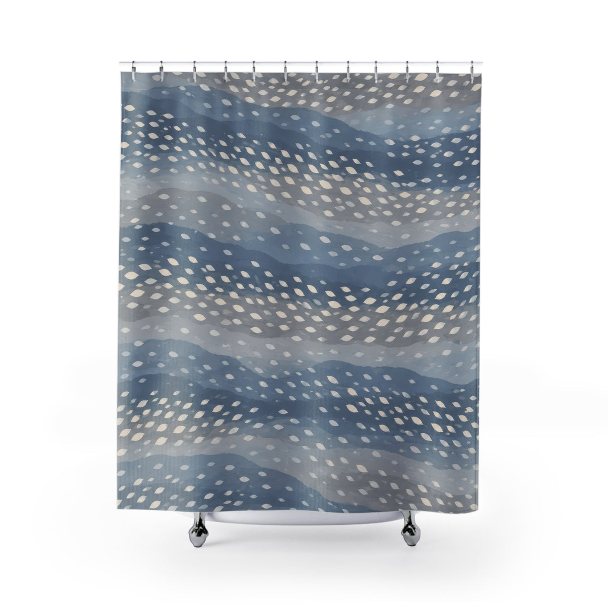 Ivory fawn spots across wavy dusty blue and grey bands shower curtain with full front view