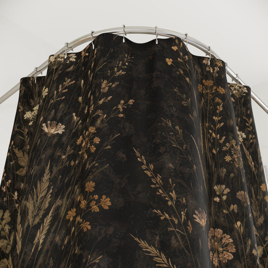 Dark Botanical Shower Curtain — Black and Ochre