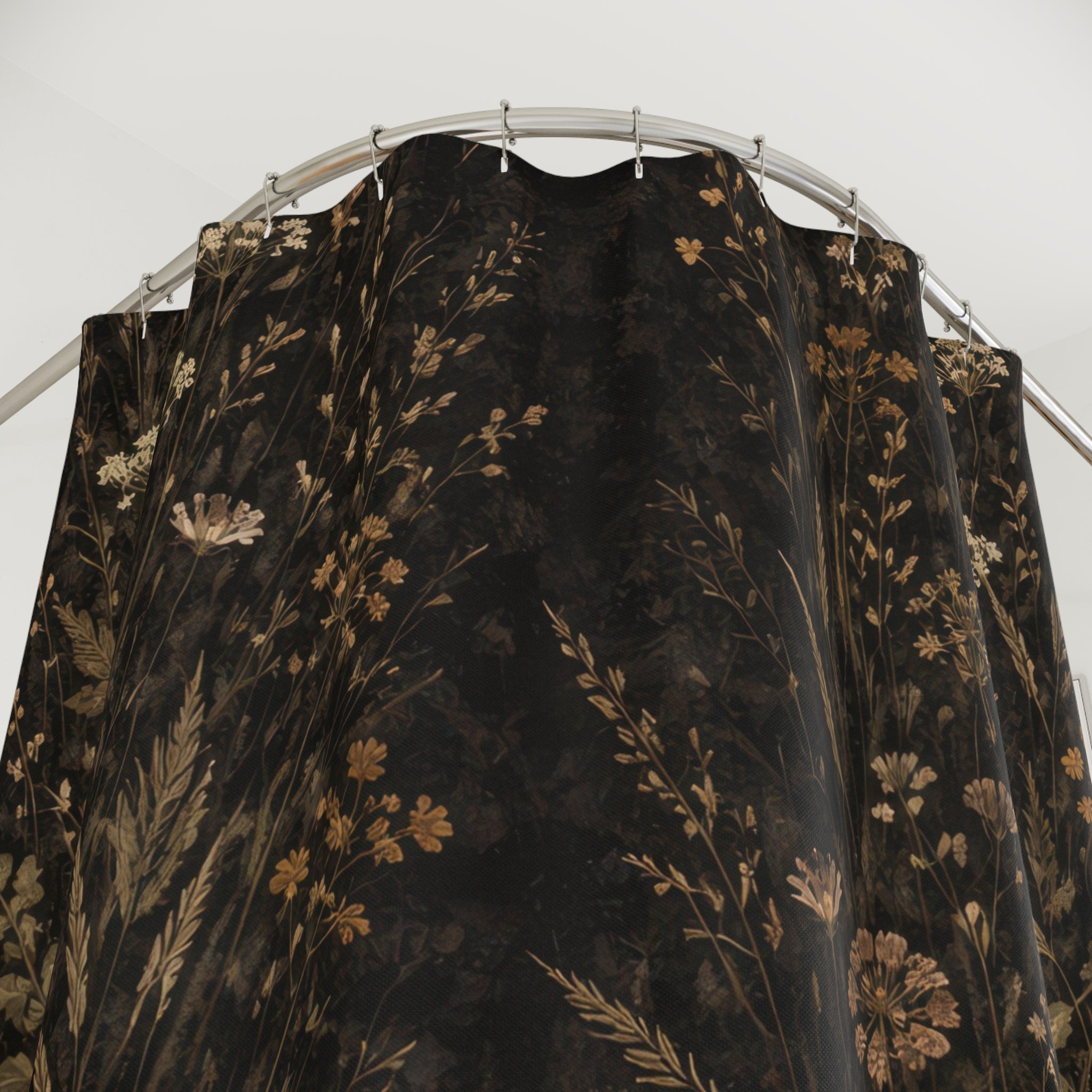 Dark Botanical Shower Curtain — Black and Ochre